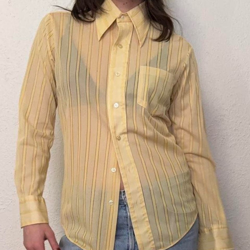 Vintage 70s Dagger Collared Yellow Striped Mesh Button Down